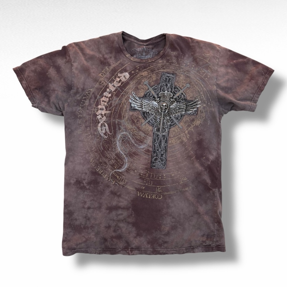 Vintage Y2K Departed Tie Dye T-Shirt Brown Size XL Grunge Goth Cross Skull